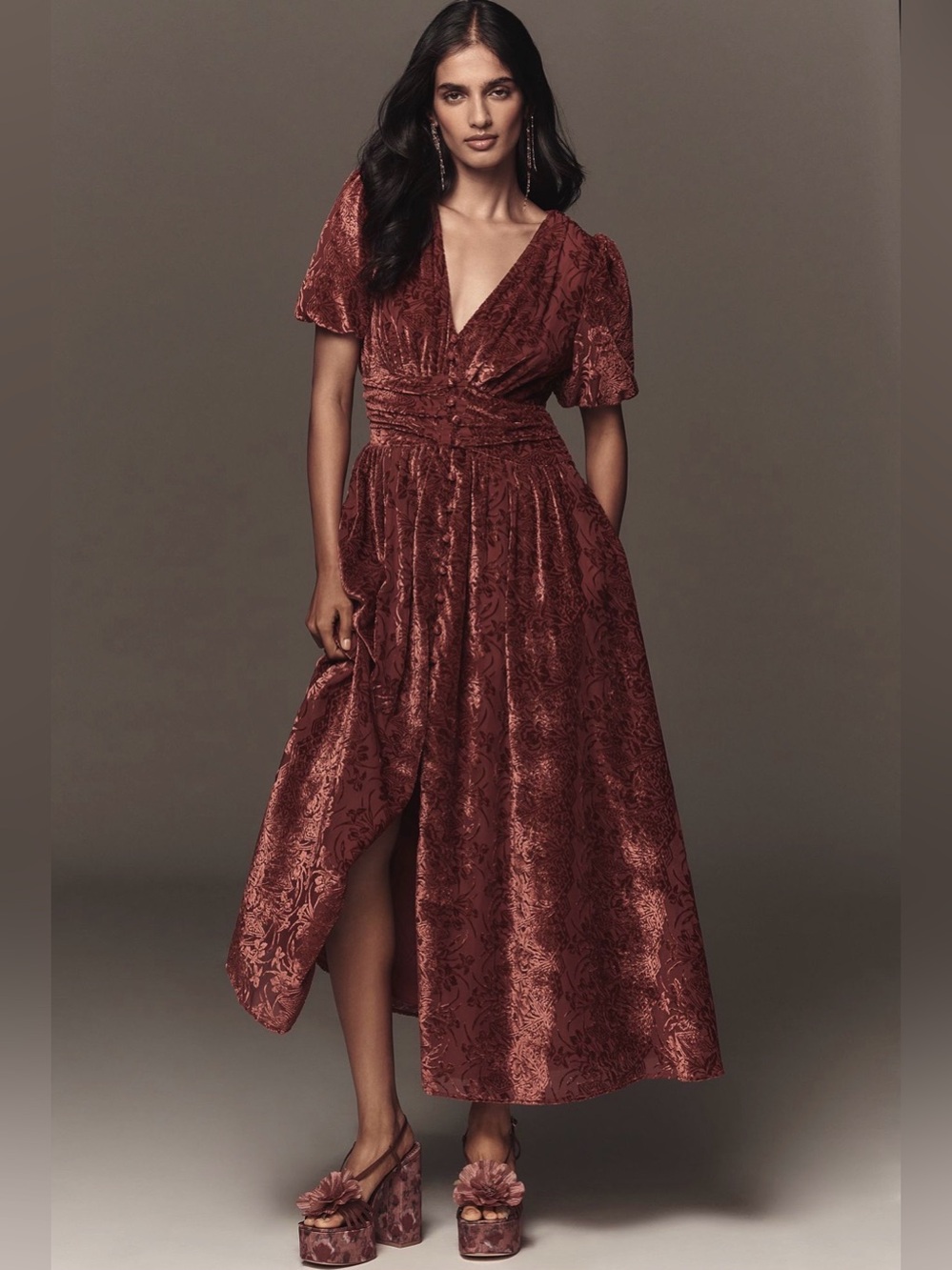 NWT Anthropologie The Katerina Velvet Button Front Dress Red Floral XS